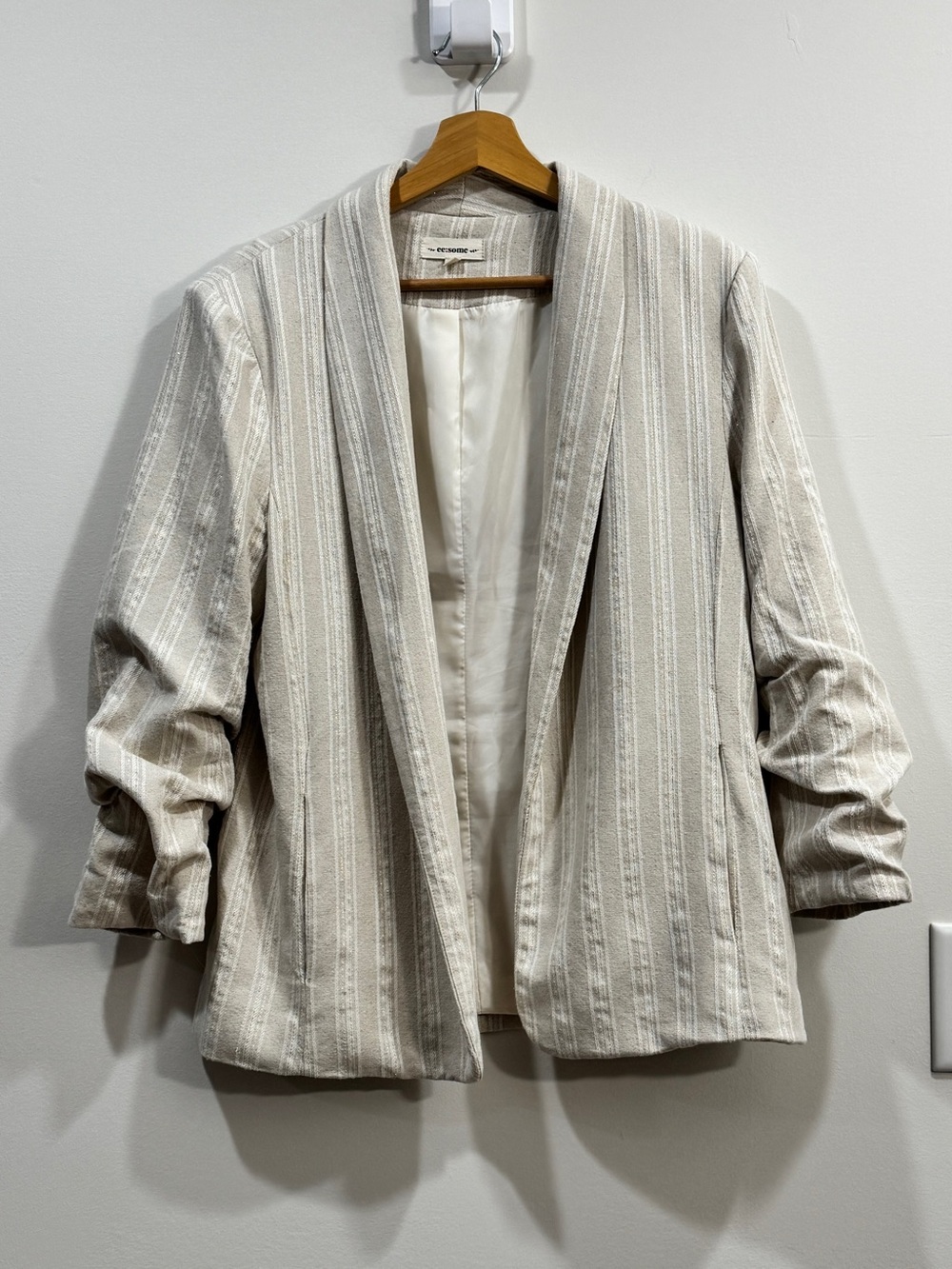 ee:some Linen Blend Striped Blazer M Gold Metallic Ruched Sleeve Open Front